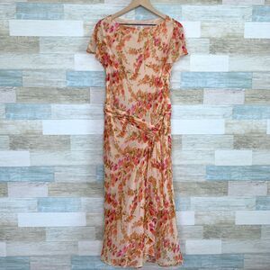 Suzi Chin Maggy Boutique Pure Silk Midi Dress Pink Floral Chiffon Womens 12